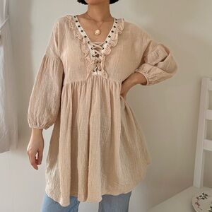 Hayden Los Angeles 100% Cotton Lace Up Ruffle Beige Tunic Top Or Dress Size M